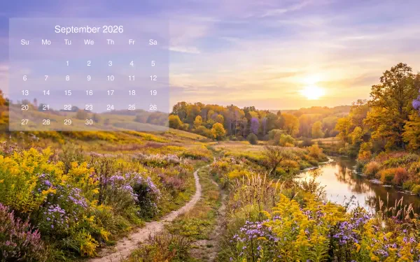 September 2026 calendar on 5K Ultra HD PC desktop wallpaper: sunrise over a winding path through wildflower-covered hills and a reflective river.