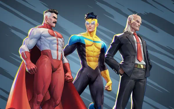 HD PC desktop wallpaper for video game Invincible VS: Omni-Man, Invincible (2006) and Cecil (Invincible) stand side by side against a stylized blue background.