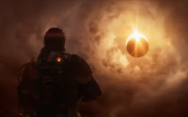 Silhouetted armored soldier faces a glowing orb amid swirling smoke and fire — cinematic video game Saros 4K Ultra HD PC desktop wallpaper and background.