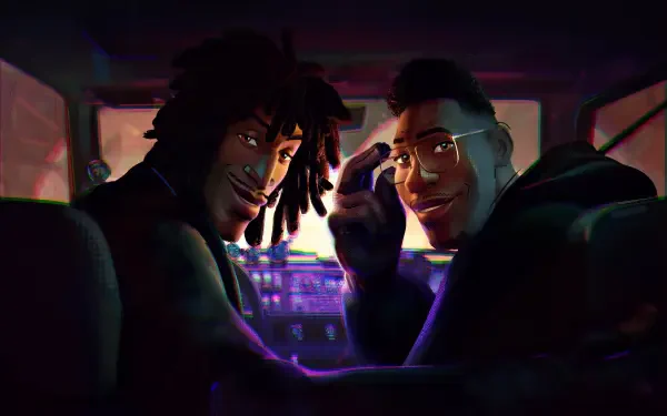 Two smiling characters from the movie Spider-Man: Beyond the Spider-Verse sit in a car with neon city lights outside — 4K Ultra HD PC desktop wallpaper and background.