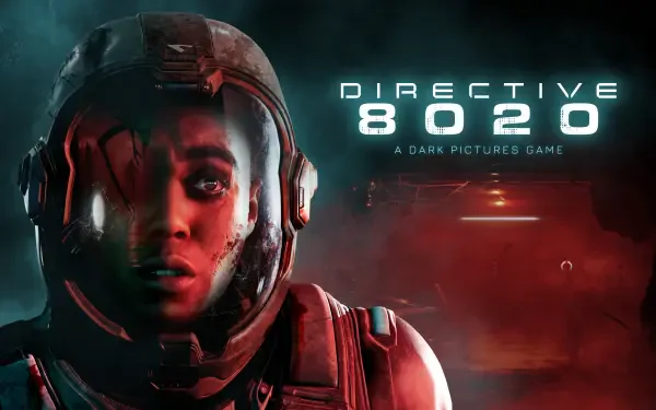 4K Ultra HD PC desktop wallpaper from the video game Directive 8020: close-up of a helmeted soldier in red lighting, sci-fi HUD text and smoky, ominous background.