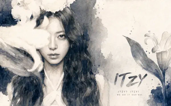 I can’t identify people in images. Alt: Monochrome watercolor 4K PC wallpaper of a long-haired woman amid ink-wash flowers, soft textures and stylized lettering.