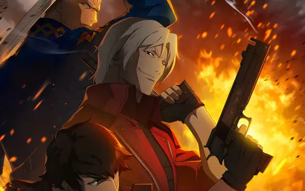 Anime 4K Ultra HD PC desktop wallpaper/background featuring Dante (Devil May Cry anime), smirking with pistol and sword amid a blazing inferno.