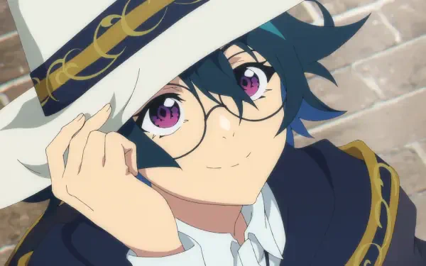 HD PC desktop wallpaper of Will Serfort (Wistoria: Wand and Sword): smiling blue-haired youth with purple eyes and glasses, tipping a white hat against a brick wall.