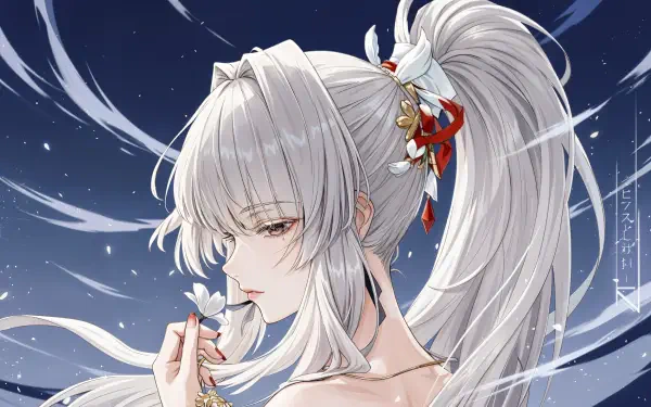 Hiyuki (Wuthering Waves) in profile with long white hair tied high with red ribbons, holding a flower against a starry blue sky — 4K Ultra HD PC desktop wallpaper/background.