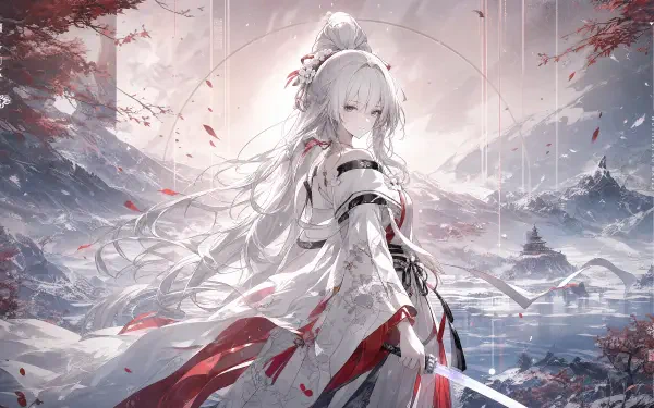 Hiyuki (Wuthering Waves) in a flowing white-and-red kimono, sword drawn amid snowy moonlit pagodas and drifting petals — 4K Ultra HD PC desktop wallpaper and background.