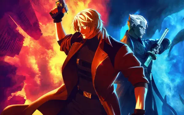 Devil May Cry anime 4K Ultra HD PC desktop wallpaper: two sword-wielding brothers back-to-back — one in red amid flames, the other in blue amid icy light.