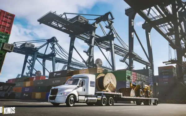 4K Ultra HD PC desktop wallpaper/background from the video game Road Kings: a semi truck hauling heavy equipment through a bustling container port beneath towering gantry cranes.