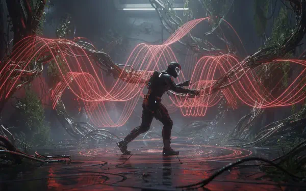 4K Ultra HD PC Desktop Wallpaper and Background: futuristic armored figure in a wet, overgrown sci-fi chamber pushing against glowing red sine-wave energy strands.