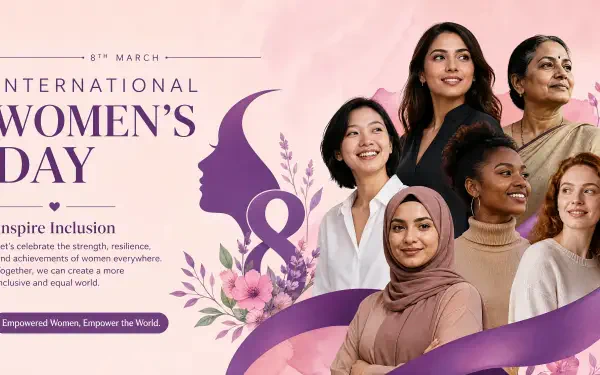 International Women's Day 4K Ultra HD PC desktop wallpaper: diverse group of smiling women, purple ribbon and floral silhouette with International Women's Day text.