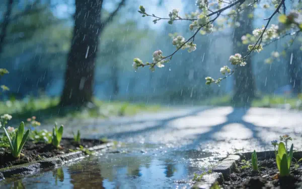 4K Ultra HD PC desktop wallpaper and background: spring rain splashing puddles beneath budding branches, sunlit park path and soft bokeh.