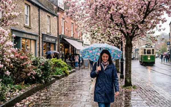 Spring rain: person with floral umbrella walks under cherry blossoms on wet cobblestone street with tram and storefronts — 5K Ultra HD PC desktop wallpaper and background.