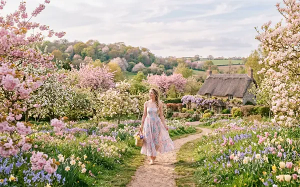 Pastel spring 5K Ultra HD PC desktop wallpaper: a woman in a floral dress strolls down a blossom-lined path toward a thatched cottage amid blooming gardens.