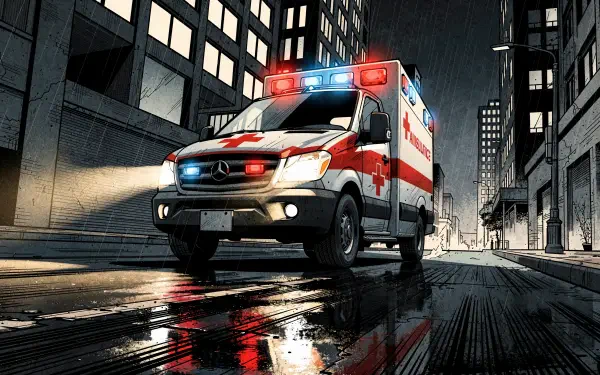 4K Ultra HD PC desktop wallpaper background: nighttime urban scene with a red-and-white ambulance speeding through wet streets, lights flashing and reflecting on the pavement.