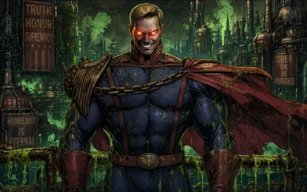 Homelander in a 4K Ultra HD PC desktop wallpaper: armored, bloodstained superhero with glowing red eyes and tattered cape, industrial toxic cityscape looming behind him.