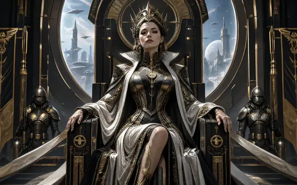 Sci-fi royal woman empress in regal armor seated on an ornate throne with armored guards and a futuristic city backdrop — 4K Ultra HD PC desktop wallpaper/background.