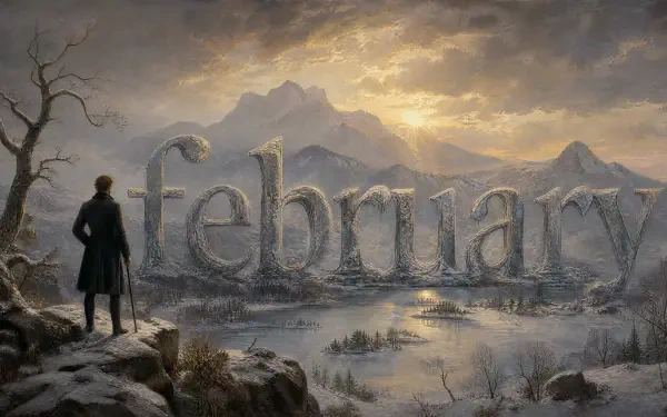 4K Ultra HD PC desktop wallpaper and background: wintry mountain February scene with giant stone February letters, lone figure on a cliff overlooking a frozen lake beneath a golden dusk sky.