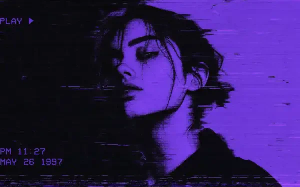 Dual-tone purple-and-black glitch portrait of a young person with VHS timestamp; moody 4K Ultra HD PC desktop wallpaper and background.