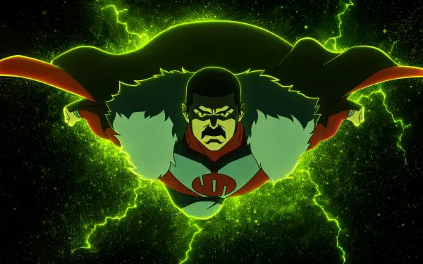 Thragg (Invincible) charges forward, cape billowing, fur collar and green energy crackling — 4K Ultra HD PC desktop wallpaper/background.