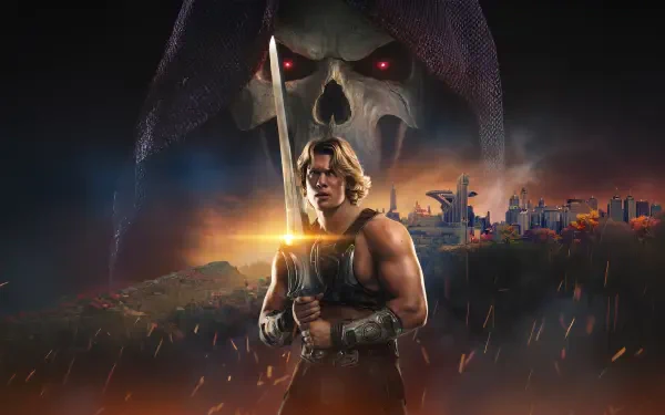 He-Man holding the Power Sword before a burning city with Skeletor's skull looming above — Masters of the Universe (2026) 5K Ultra HD PC desktop wallpaper/background.