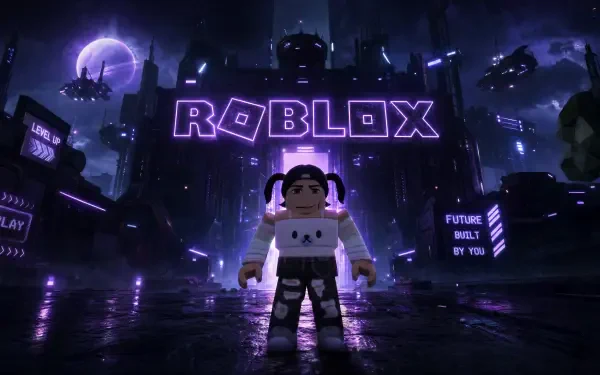 Roblox 4K Ultra HD PC desktop wallpaper and background: purple neon futuristic city with blocky avatar standing beneath a glowing ROBLOX sign.