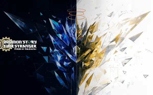 Digimon Story Time Stranger 4K Ultra HD PC desktop wallpaper and background: split dark and light crystalline shards form a mirrored Digimon silhouette beside the game logo.