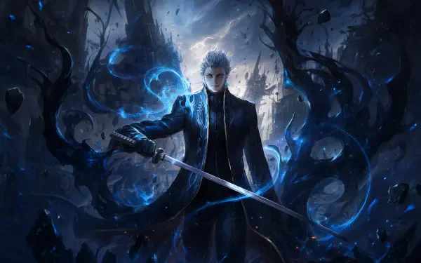 Vergil (Devil May Cry) stands amid swirling dark energy, katana drawn; dramatic 4K Ultra HD PC desktop wallpaper and background.