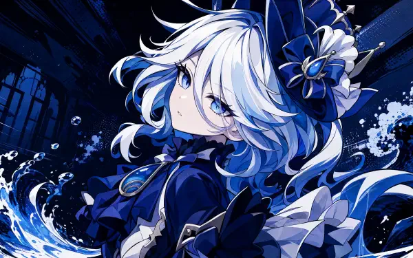 4K Ultra HD PC desktop wallpaper and background of Furina (Genshin Impact): white-haired figure in a flowing blue gown, surrounded by swirling water effects against a dark, starry backdrop.