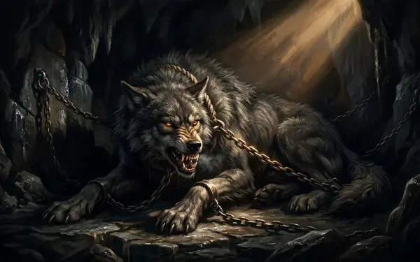 Fenrir, a massive snarling wolf chained in a shadowed cave with a shaft of light cutting through dust — 5K Ultra HD PC desktop wallpaper and background.