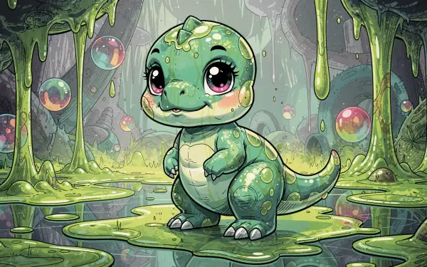 Chubby, wide-eyed baby dinosaur in a glowing, slime-dripping forest with floating bubbles — 4K Ultra HD PC desktop wallpaper background