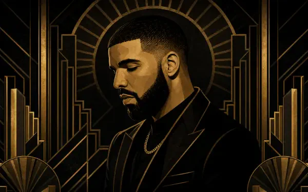 Stylized gold-and-black portrait of a bearded man in a suit with an art-deco geometric halo, 4K Ultra HD PC desktop wallpaper and background.