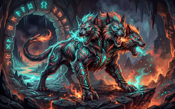 Three-headed Cerberus with fiery and turquoise glows on volcanic rocks in a cavern — 5K Ultra HD PC desktop wallpaper/background.