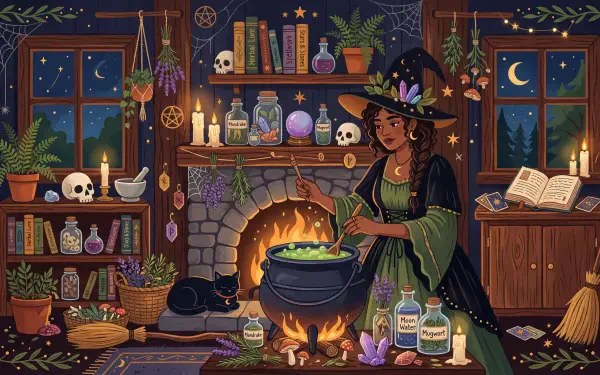 Witchcore 5K Ultra HD PC desktop wallpaper: a witch stirs a bubbling cauldron by a cozy fireplace, surrounded by potions, skulls, herbs, spellbooks and a black cat.