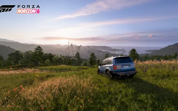 Forza Horizon 6 video game 4K Ultra HD PC desktop wallpaper: blue SUV on a grassy hill overlooking a sunlit valley and distant city at sunrise.