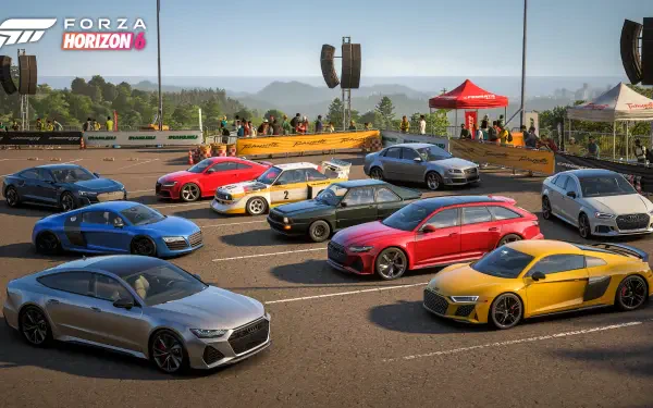 Forza Horizon 6 video game 4K Ultra HD PC desktop wallpaper: colorful lineup of sports cars parked in a festival paddock with tents, crowds and scenic hills under a clear sky.