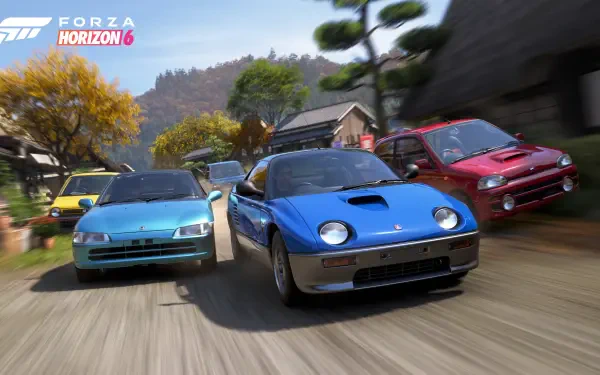 Forza Horizon 6 video game 4K Ultra HD PC desktop wallpaper/background: three rally cars speeding down a sunlit village road with trees and mountains in the distance.