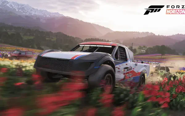 Forza Horizon 6 video game 4K Ultra HD PC desktop wallpaper/background: off-road racing truck charging through a flower-filled meadow toward mountains under a glowing sunrise.