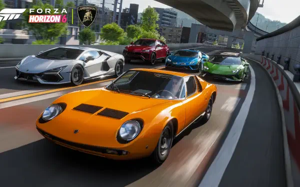 Forza Horizon 6 4K Ultra HD PC desktop wallpaper and background: an orange classic sports car leads a pack of exotic supercars racing on a sunlit urban circuit.