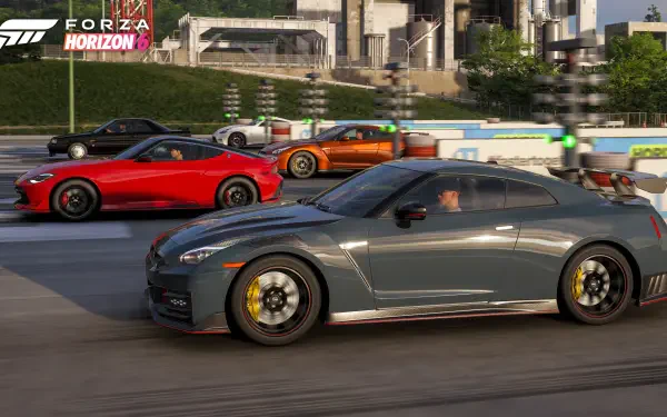 Forza Horizon 6 video game 4K Ultra HD PC desktop wallpaper/background showing a gray sports car racing alongside red and orange cars on a sunlit racetrack.