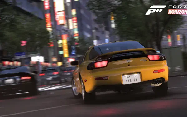 Forza Horizon 6 4K Ultra HD PC wallpaper: yellow sports car drifting through neon-lit city streets at night, motion blur and other cars, game logo visible in the top-right.
