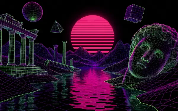 Acidwave 4K Ultra HD PC desktop wallpaper and background: neon wireframe ruins, classical bust, floating geometric shapes and a magenta striped sun reflected on grid water.