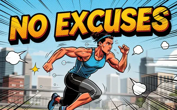 Comic-style 4K Ultra HD PC desktop wallpaper of a determined runner sprinting through a cityscape beneath a bold yellow-and-red NO EXCUSES headline.