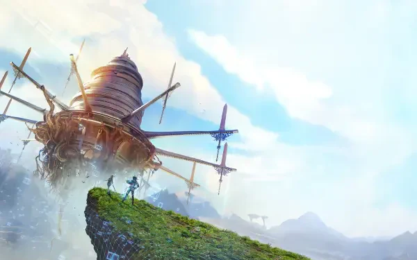 4K Ultra HD PC wallpaper of the video game Sword Art Online: Echoes of Aincrad — a lone player on a grassy cliff overlooking a massive floating fortress airship beneath a bright sky