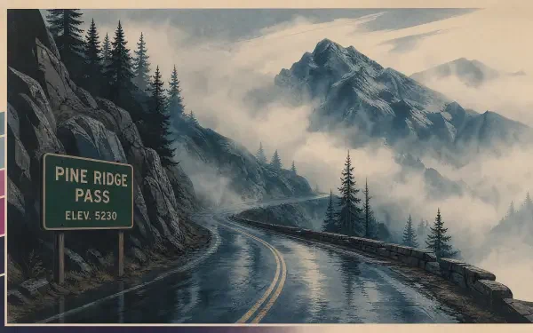 Foggy mountain pass with Pine Ridge Pass sign, wet winding road through misty pines toward a distant peak — 4K Ultra HD PC desktop wallpaper/background.