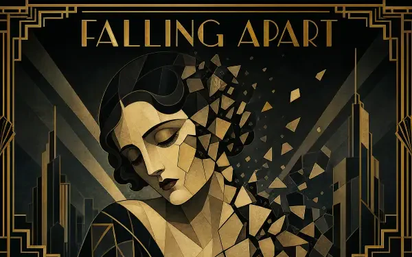 Art Deco portrait titled Falling Apart of a woman's face fracturing into geometric shards against a stylized cityscape — 4K Ultra HD PC desktop wallpaper/background.