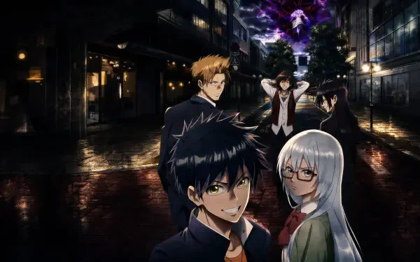 Psyren (Anime) 4K Ultra HD PC desktop wallpaper: characters on a wet city street at night — black‑haired teen front and center, silver‑haired girl with glasses, purple energy looming.