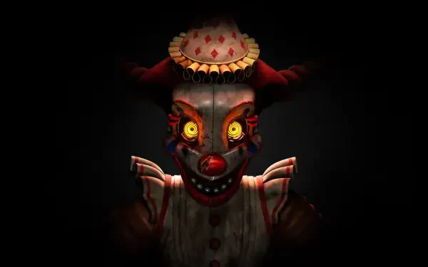 HD PC desktop wallpaper and background of a sinister clown animatronic from Five Nights at Freddy's: Secret of the Mimic, glowing yellow eyes and cracked paint emerging from darkness.