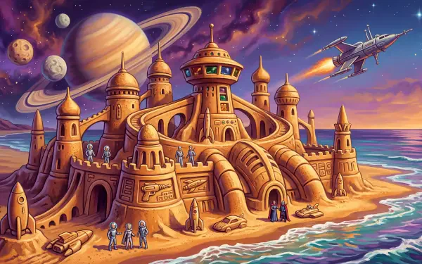 5K Ultra HD PC Desktop Wallpaper and Background: ornate fantasy sandcastle on a sunlit beach with domed towers, carved arches, distant planets and a sleek spaceship streaking across a colorful sky.