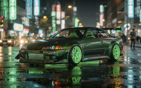 4K Ultra HD PC desktop wallpaper and background: JDM dark-green sports coupe with neon-green rims parked on a wet, neon-lit city street at night.