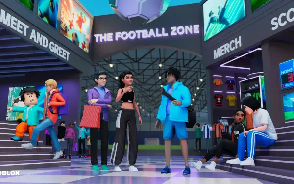 Vibrant Roblox scene of avatars in a neon-lit arcade mall at 'The Football Zone', with merch booths and screens — 4K Ultra HD PC desktop wallpaper and background.
